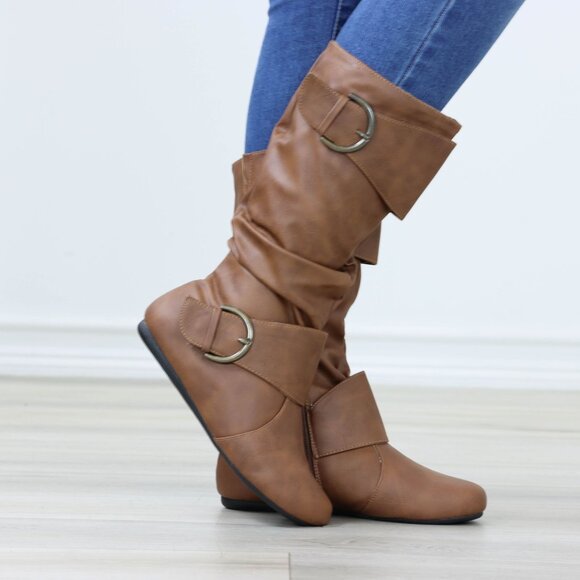 Flat Mid Calf Boots Synthetic Leather Buckles Round Toe Womens Casual Tan - Picture 15 of 16